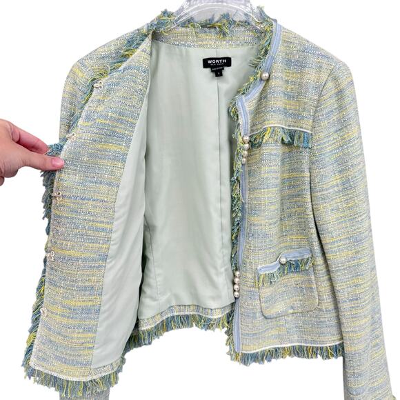 Worth New York NWT Green Yellow Boucle Tweed Fringe Trim Designer Blazer Jacket - Picture 9 of 16